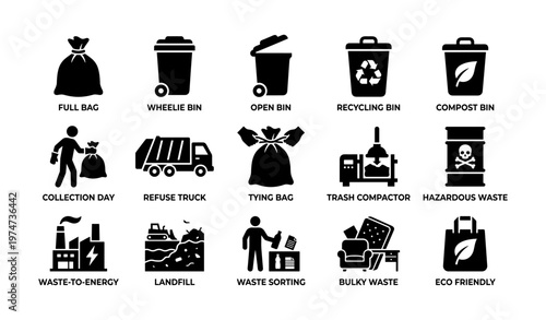 Waste management icons: bins, recycling, hazardous waste, and eco-friendly solutions