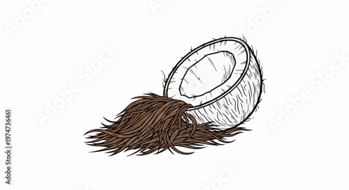 A hand-drawn illustration of a cracked coconut spilling out brown fibers
