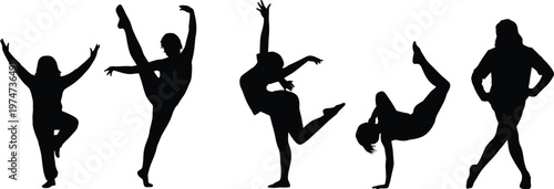 Five black silhouettes of dancers in various poses