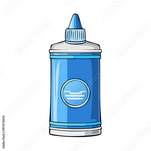 Blue dispenser bottle with white cap and label, isolated on white background