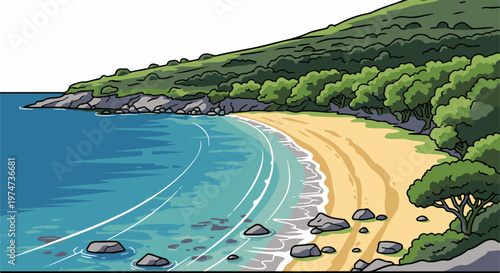 A picturesque cartoon beach scene with lush green hills meeting the ocean