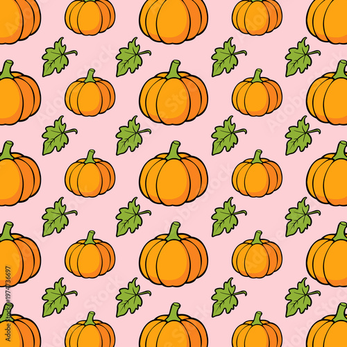 Pumpkin seamless pattern on pink background, cute autumn vegetable texture design for textile and fabric 