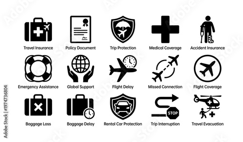 Travel insurance and protection icons for comprehensive trip coverage