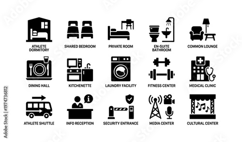 College amenities icons including dormitory, fitness center, and medical clinic