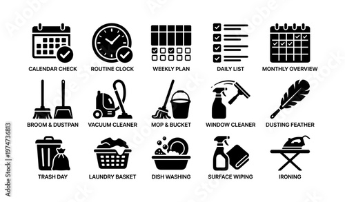 Household chore icons: cleaning tools, organizing, and daily routines