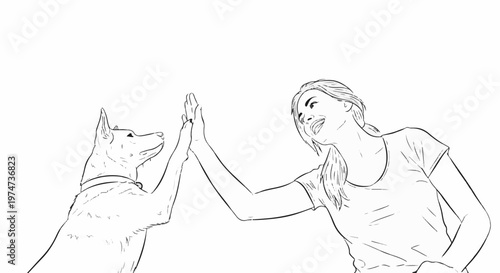 A sketch shows a happy person and dog giving each other a high five