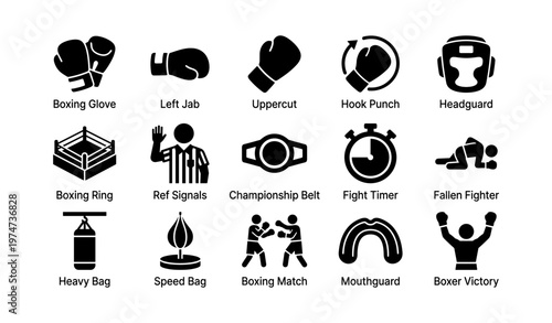 Boxing icons collection: gloves, ring, ref signals, and more
