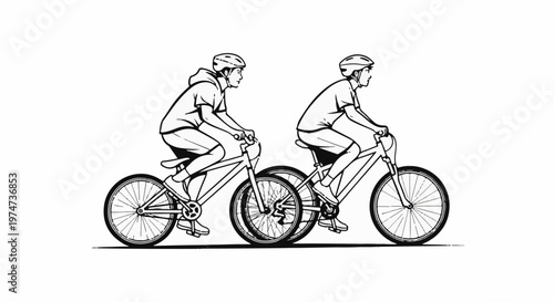 Two people cycling in line, wearing helmets and casual clothing
