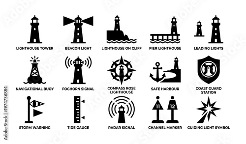 Lighthouse icons: beacon, buoy, radar, channel, storm warning symbols