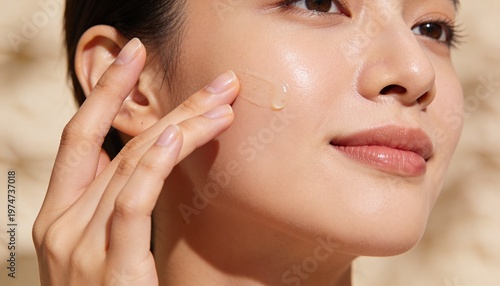 Close up of a woman applying clear gel serum to her cheek. Glowing skin and facial care routine. Summer skincare concept