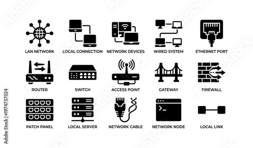 Network icons set featuring routers, switches, cables, and firewalls