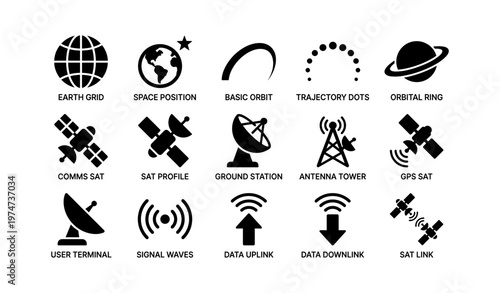 Satellite communication symbols: antennas, orbits, and signal icons collection