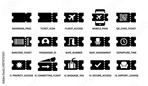 Air travel icon set: boarding pass, flight access, qr code, seat assignment icons