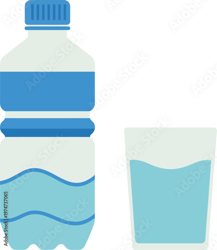 Purity drinking water or potable water bottle and glass flat icon, clean and clear design, representing hydration