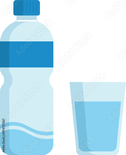 Purity drinking water or potable water bottle and glass flat icon, clean and clear design, representing hydration