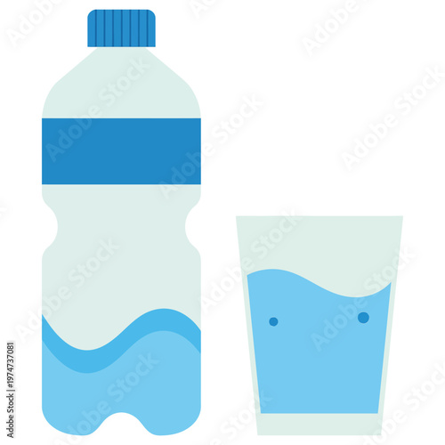 Purity drinking water or potable water bottle and glass flat icon, clean and clear design, representing hydration