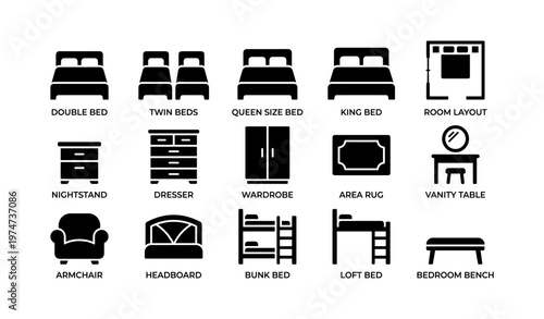 Bed and furniture icons: beds, wardrobe, vanity, layouts