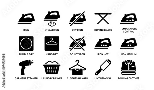 Laundry care icons: iron, steam, dry, ironing board, temperature control