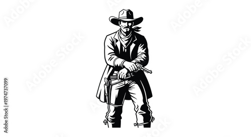 Classic Western cowboy illustration showing a man in a hat and duster coat holding a revolver in a heroic pose.