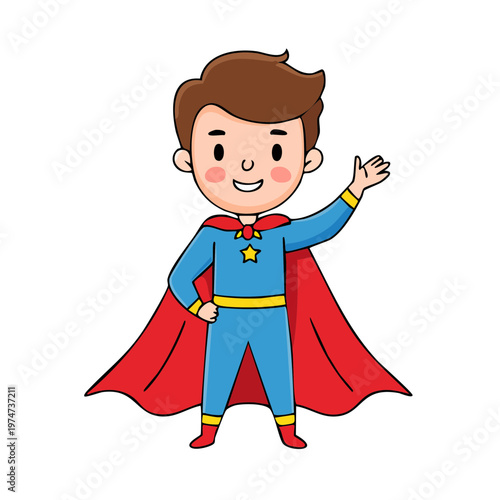 Cartoon Boy Superhero Waving with Red Cape and Blue Suit