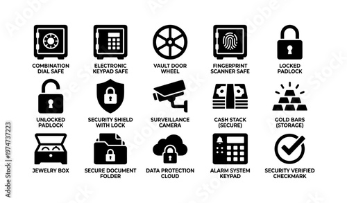 Security icons set featuring safes, cameras, locks, and surveillance elements
