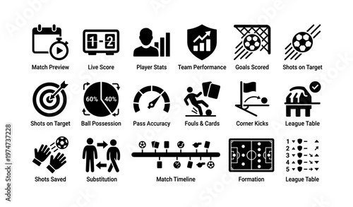 Soccer match icons set: stats, performance, goals, substitution, formation
