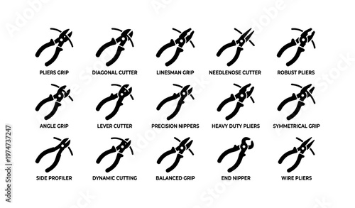 Collection of various pliers and cutting tools silhouettes with labels