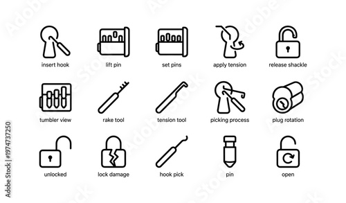 Lock picking tool icons: insert hook, lift pin, set pins, apply tension, release shackle