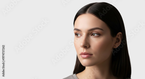 Modern realistic portrait of a woman with natural beauty and clean makeup, captured in soft lighting with minimal background