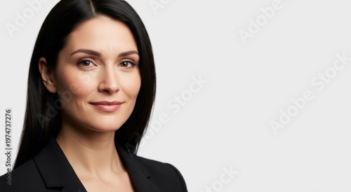 Modern realistic portrait of a woman with natural beauty and clean makeup, captured in soft lighting with minimal background