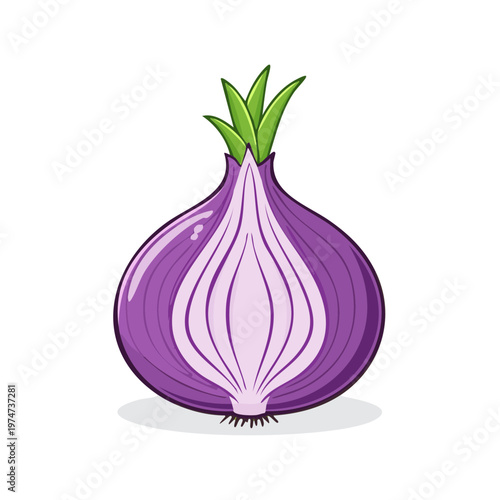 Juicy cross-section of a vibrant red onion revealing its layered interior and fresh green sprouts