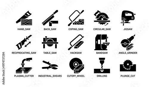 Various power and hand tools icons including saws cutters drills and grinders