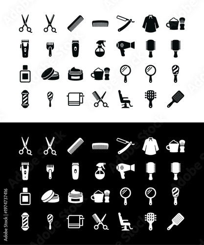 Black and white hairdressing tools icons.