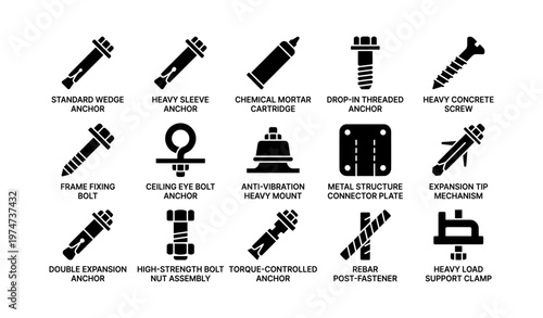 Collection of heavy duty anchors and fixing systems with illustrations