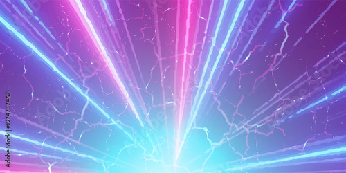 Abstract background with neon blue pink glowing rays lights. Retro 80s VJ 90s 2000s disco music template background. Isolated black footage warp.