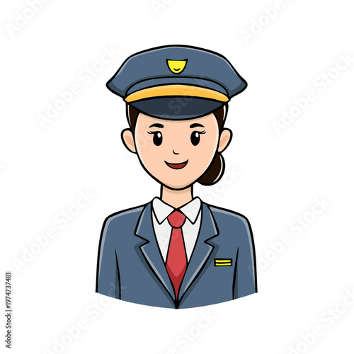Friendly cartoon woman in a pilot uniform with a hat and red tie smiling