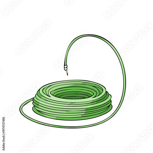 Green garden hose coiled with a curved neck and nozzle end