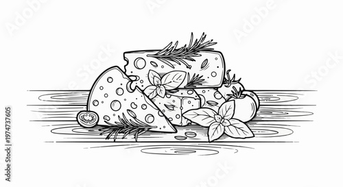 A still life sketch of cheese slices, tomatoes, basil, and rosemary