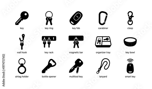 Essential key and accessory icons: key, key ring, key fob, carabiner, clasp