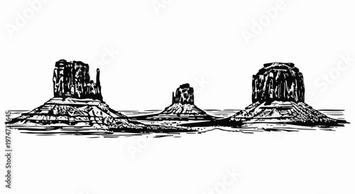 Stylized drawing of three iconic sandstone buttes in a desert landscape