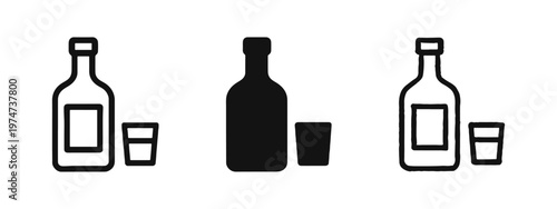 Alcohol Bottle and Shot Glass Icon Set. Liquor and Spirit Drink Symbols.