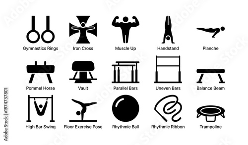 Gymnastics icon set featuring male and female poses and equipment symbols
