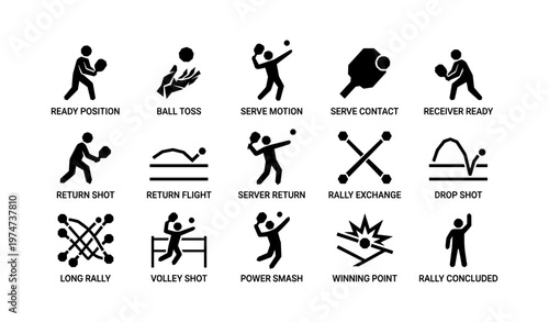 Table tennis icon set: ready position to rally conclusion
