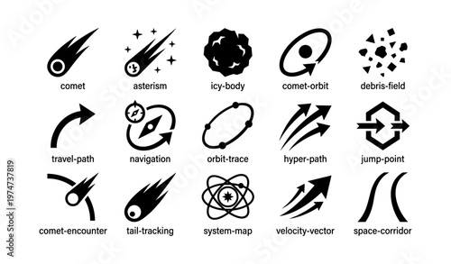 Space symbols: comet, asterism, orbit, navigation, velocity