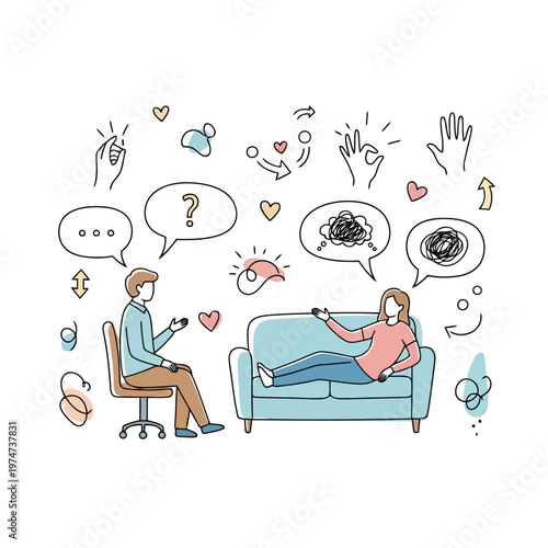 Psychotherapy session and mental health counseling concept with woman lying on sofa talking to therapist surrounded by abstract speech bubbles and emotional icons.