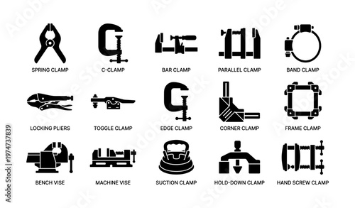 Various types of clamps and vises illustrated in black silhouettes