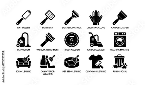 Pet grooming and cleaning tools icons set for home maintenance