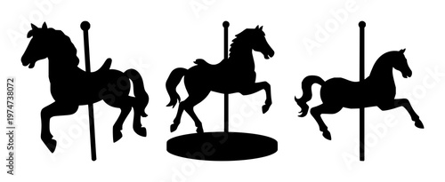 Carousel horse set with black silhouette on white background featuring horse, carousel, carnival, silhouette, white with black