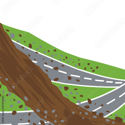 Illustration of a landslide on a highway. Vector of a large landslide blocking a highway. Flat design of a natural disaster. Vector illustration of natural damage
