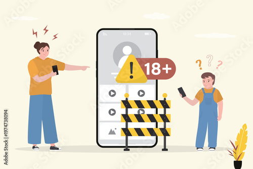 Mother blocks adult content on smartphone to protect her young son. Digital safety and parental control measures for kids online. Restrictions for children in cyber space.